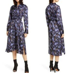 Vince Plumeria Blooms Belted Floral-print Hammered-satin Midi Shirt Dress